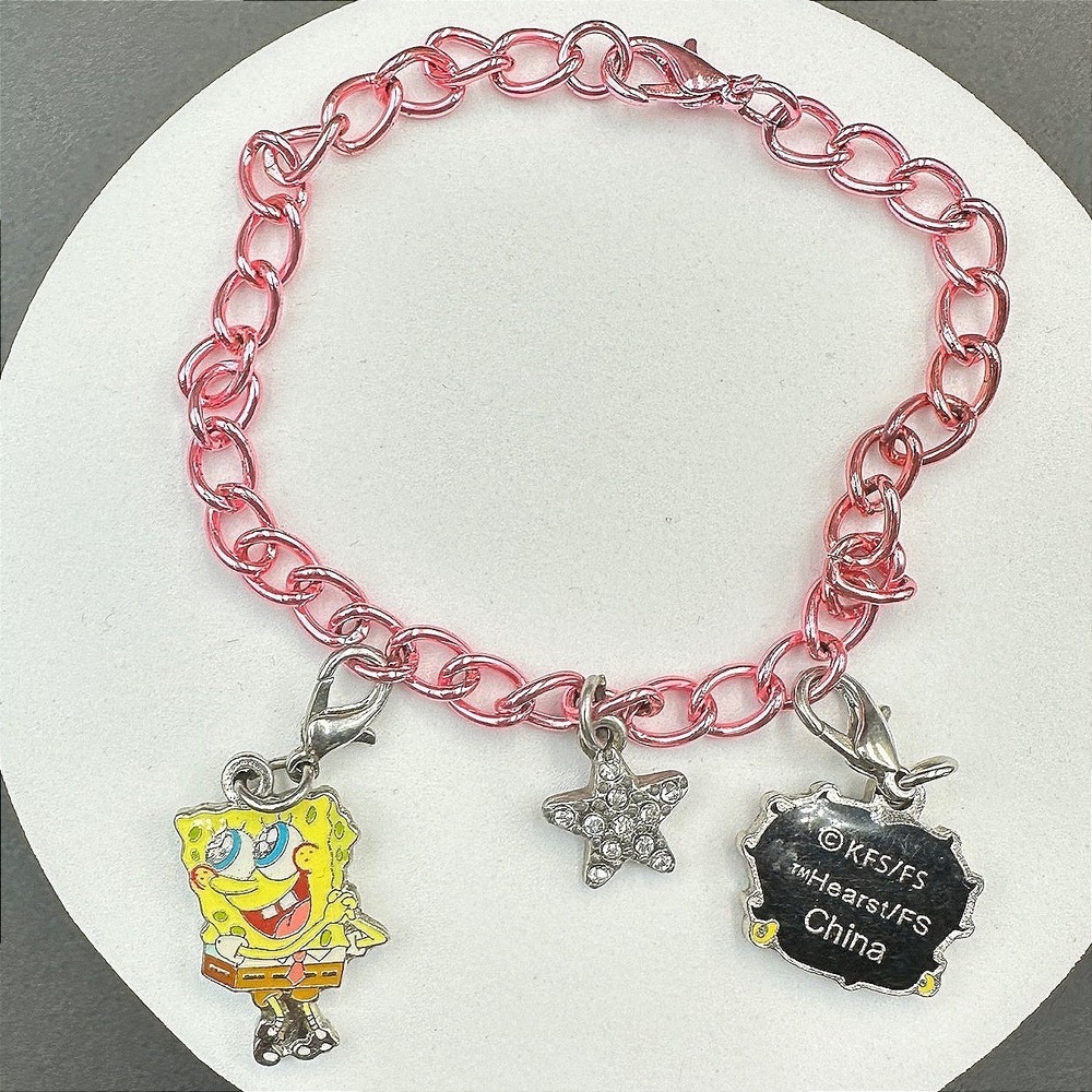 Pink Chain Charm Bracelet w/ SpongeBob & Rhinestone Star – Cute Cartoon Y2K Jewe
